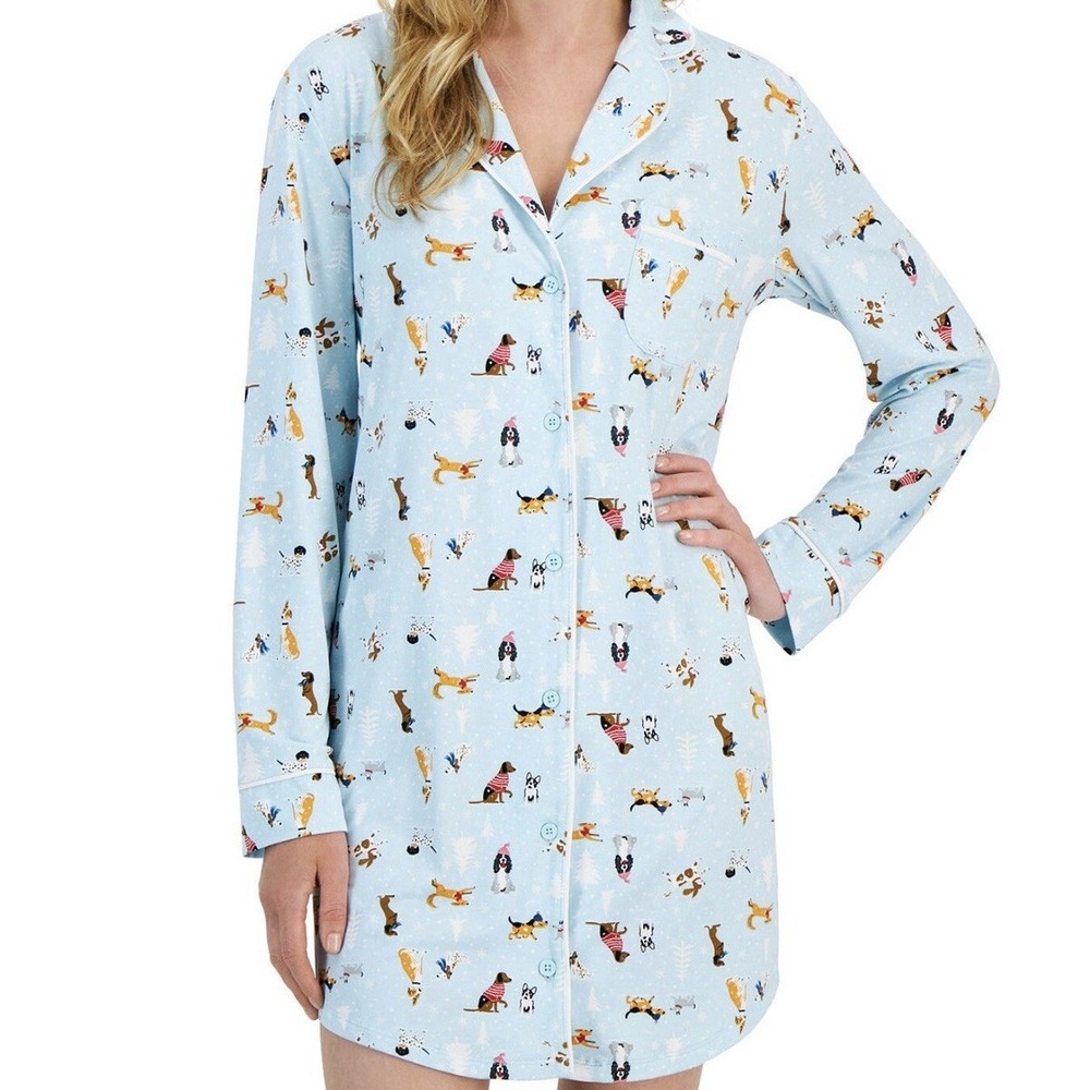 Charter Club Intimates Womens XL Blue Holiday Dog Print Long Sleeve Nightshirt